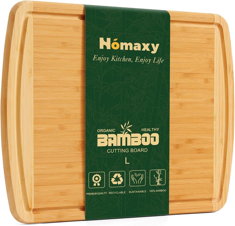 Homaxy لوح تقطيع خيزران من هوماكسي، حجم كبير، مقاس 14.5×11.5 بوصة، مزود بشق لتجميع عصير اللحوم، لوح تقطيع خشبي مثالي للحوم والجبن والفواكه والخضروات - مدهون مسبقًا، بلونين مختلفين - Image 1