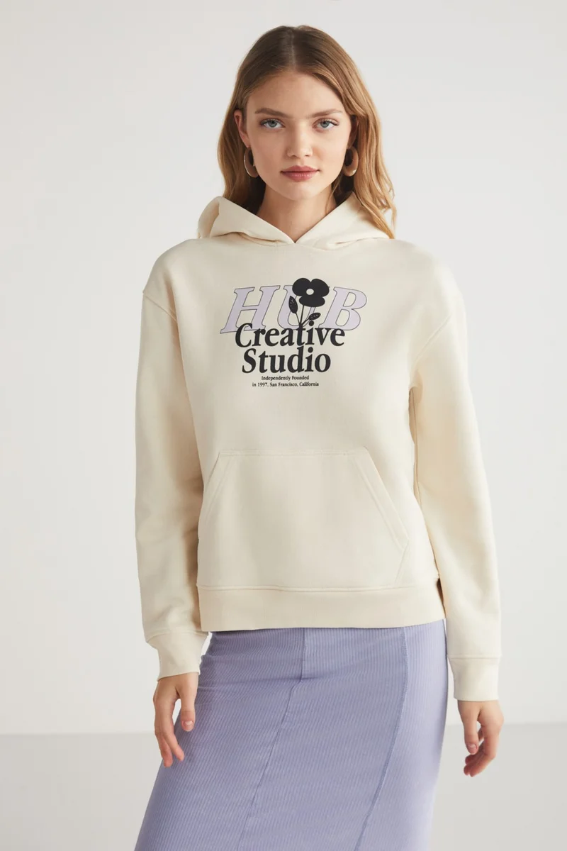 GRIMELANGE Leticia Women's Front Printed Hooded 100% Cotton Ecru Sweatshirt