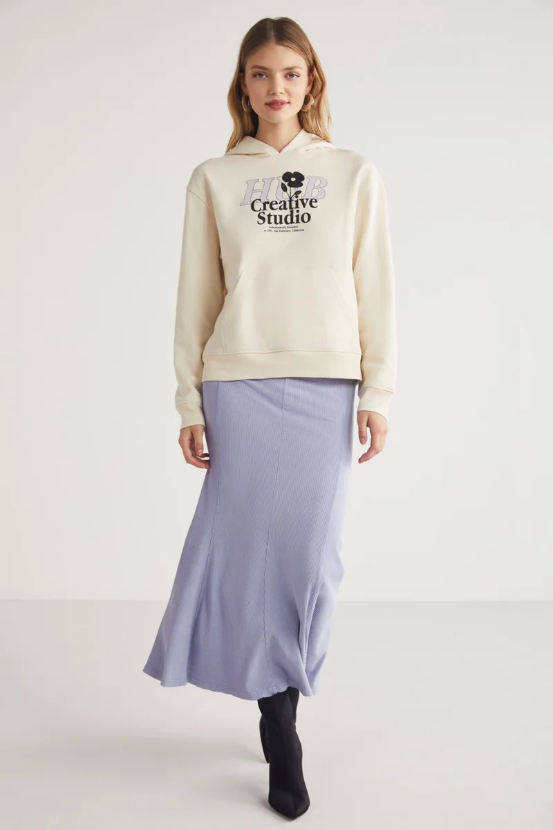 GRIMELANGE Leticia Women's Front Printed Hooded 100% Cotton Ecru Sweatshirt