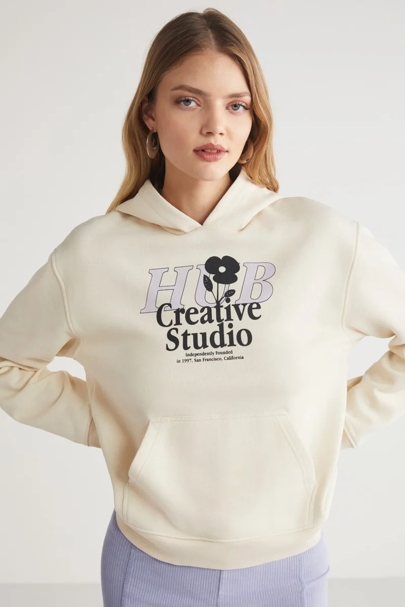 GRIMELANGE Leticia Women's Front Printed Hooded 100% Cotton Ecru Sweatshirt