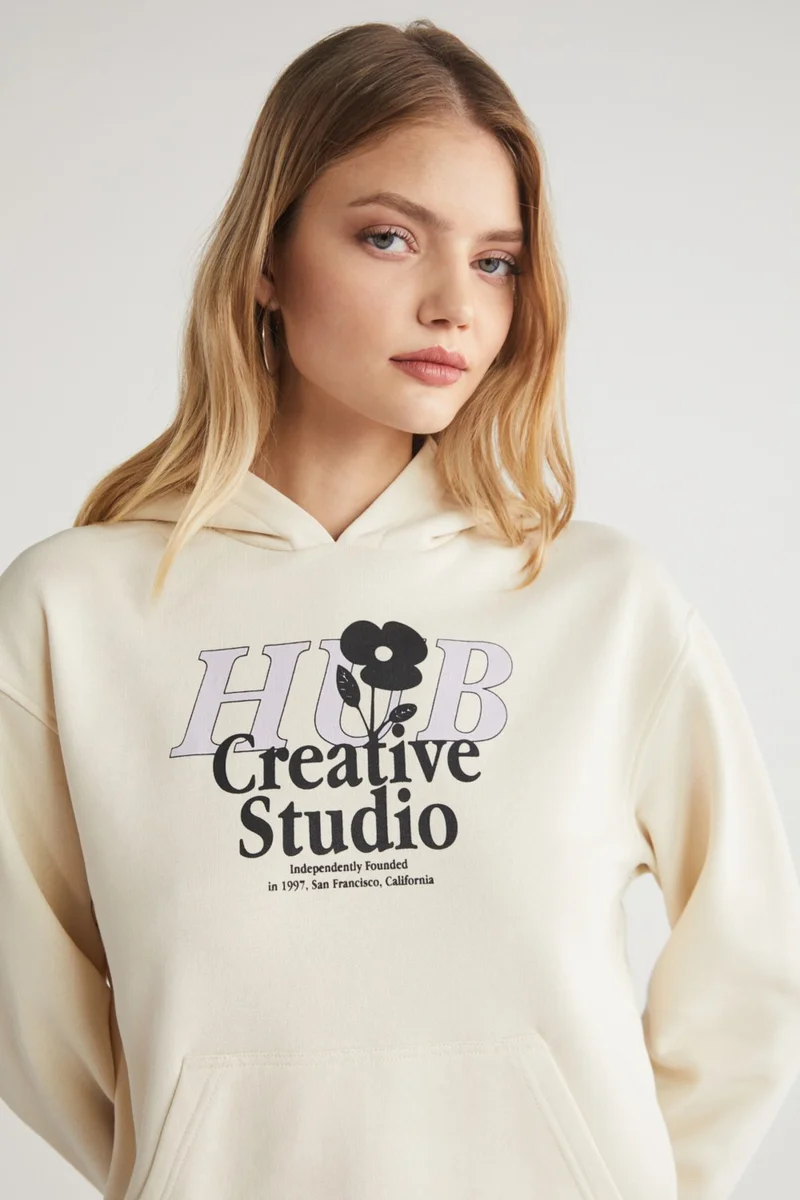 GRIMELANGE Leticia Women's Front Printed Hooded 100% Cotton Ecru Sweatshirt