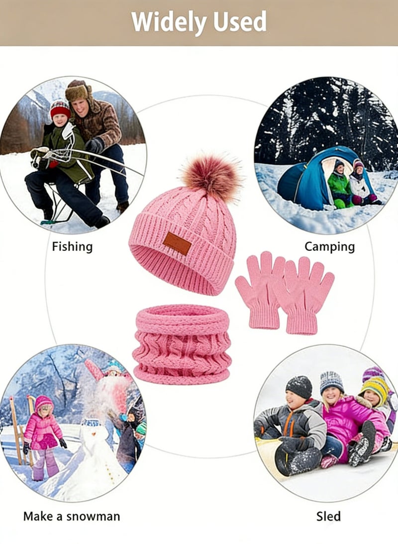 Arabest Kids Winter Beanie Hat Scarf Gloves Set, Toddler Winter Knit Hat Gloves Neck Warmer with Fleece Lined, Tender Pink - Image 5
