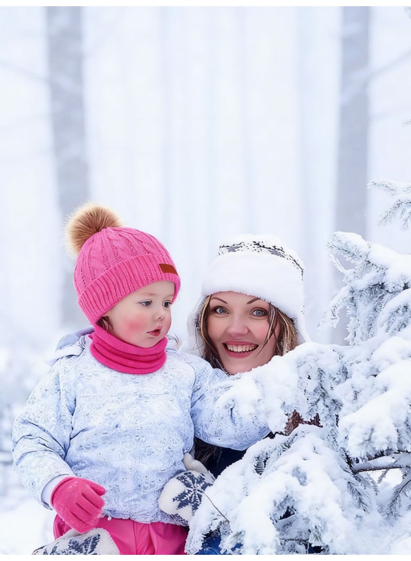Arabest Kids Winter Beanie Hat Scarf Gloves Set, Toddler Winter Knit Hat Gloves Neck Warmer with Fleece Lined, Tender Pink - Image 4
