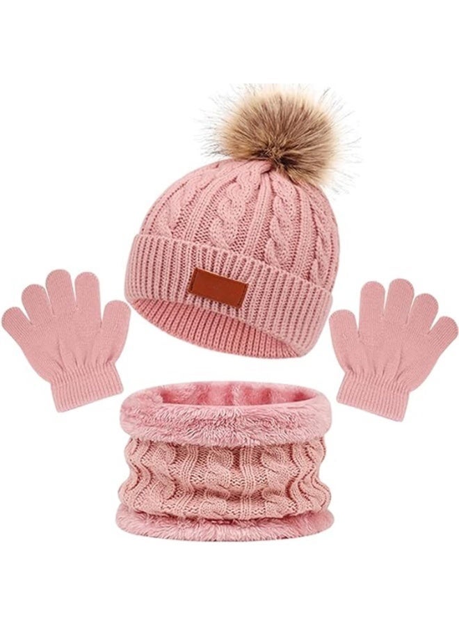 Arabest Kids Winter Beanie Hat Scarf Gloves Set, Toddler Winter Knit Hat Gloves Neck Warmer with Fleece Lined, Tender Pink - Image 1