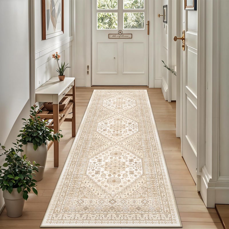 Restydon Kitchen Runner Brug غير قابلة للغسل 2.5 × 8 ناعمة منخفضة كومة مدخل السجادة الممرات للممرات عداء السجاد لغرفة المعيشة المطبخ الحمام (كريم/بيج 2.5'x8 ') - Image 1