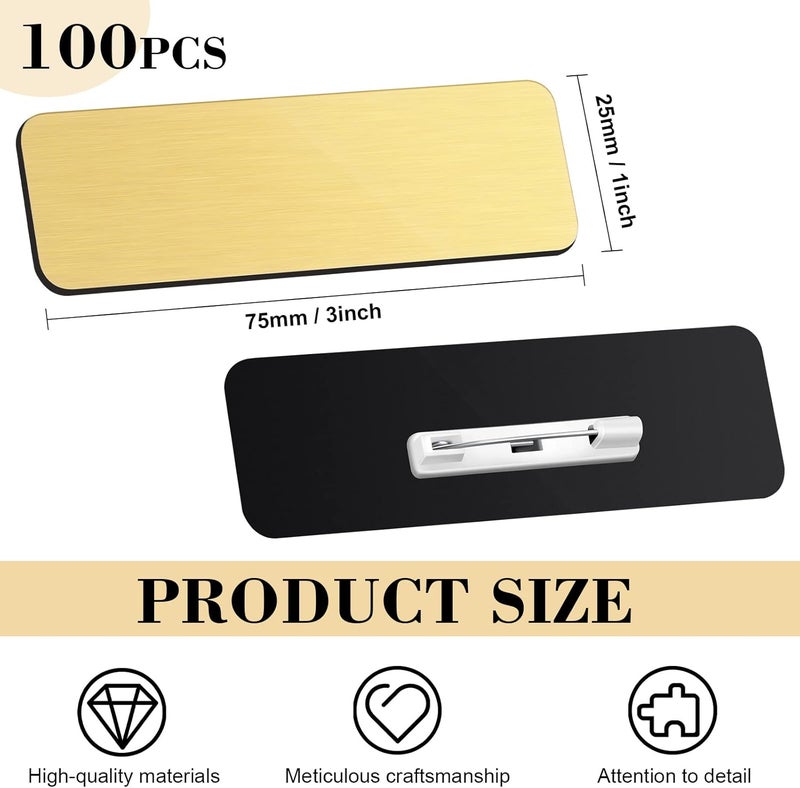 Breling 100 Pieces Name Tag 1 x 3 Inches Name ID Badge Blanks Gold and Black Personalized Name Badge Holder Name Tags with Clips Name Badge Labels with Pins for Office Workers Students Employee Custom - Image 2