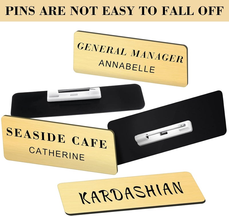 Breling 100 Pieces Name Tag 1 x 3 Inches Name ID Badge Blanks Gold and Black Personalized Name Badge Holder Name Tags with Clips Name Badge Labels with Pins for Office Workers Students Employee Custom - Image 3