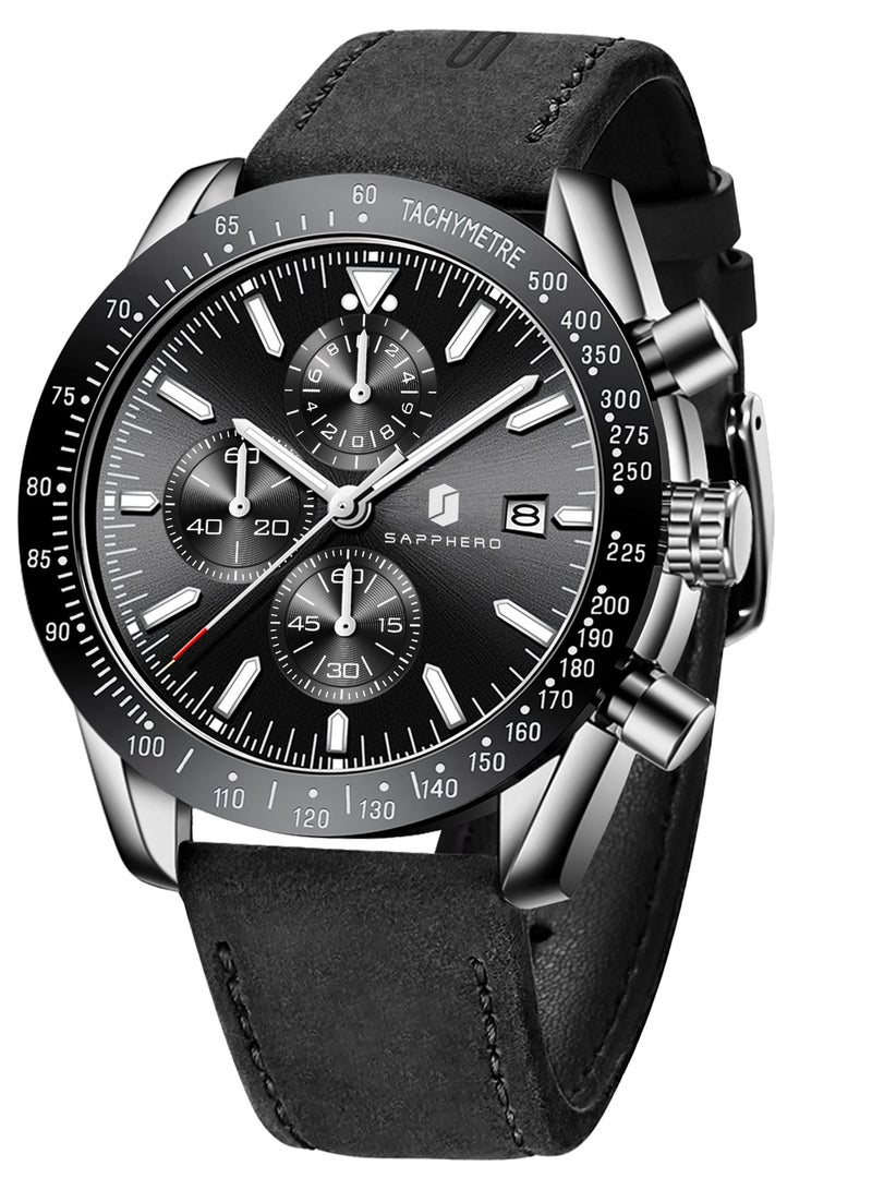 Sapphero Mens Watch Waterproof Chronograph Date Watch for Men Leather Strap Quartz Movement Analog Watch Business Casual Gift for Men - Image 1