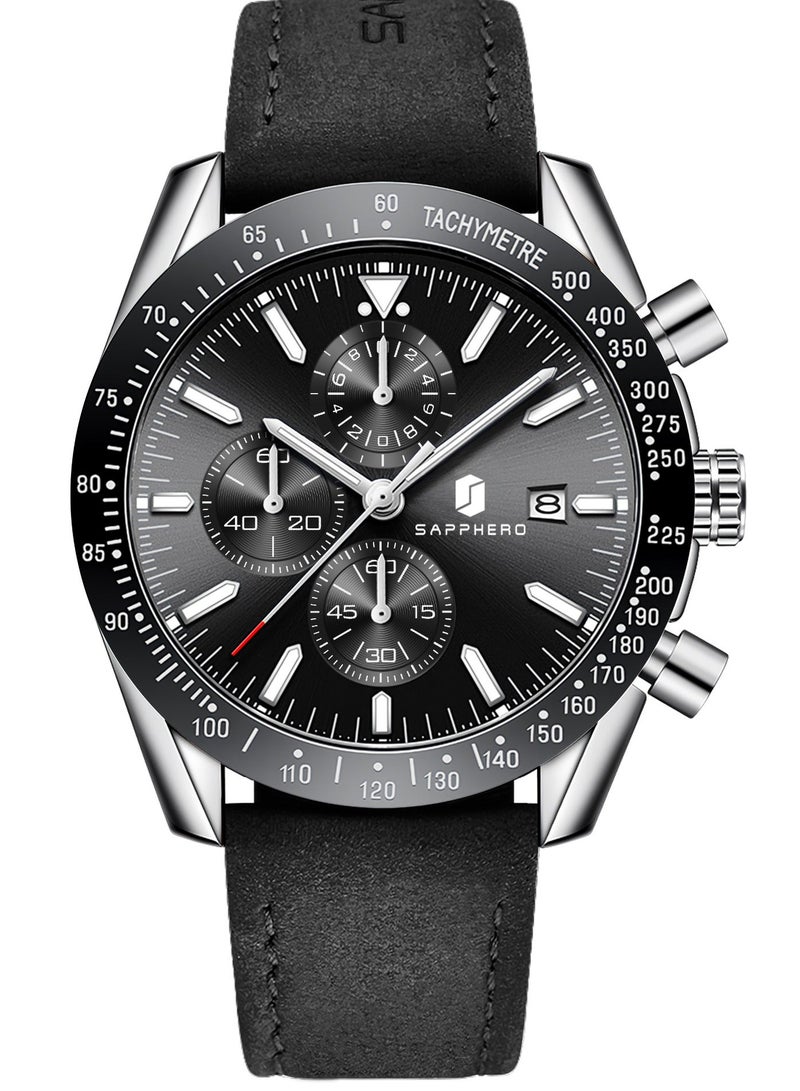 Sapphero Mens Watch Waterproof Chronograph Date Watch for Men Leather Strap Quartz Movement Analog Watch Business Casual Gift for Men - Image 2