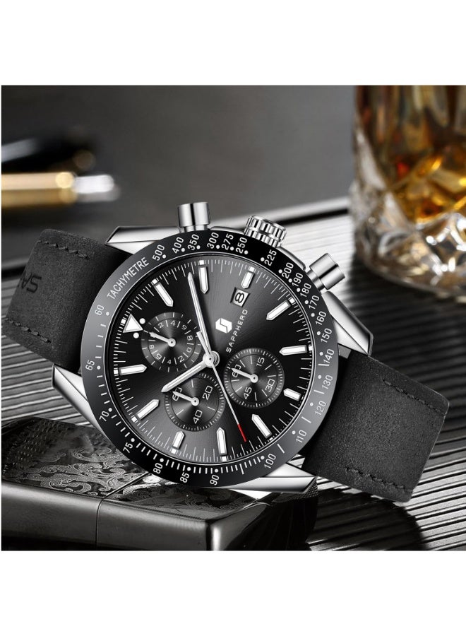 Sapphero Mens Watch Waterproof Chronograph Date Watch for Men Leather Strap Quartz Movement Analog Watch Business Casual Gift for Men - Image 5