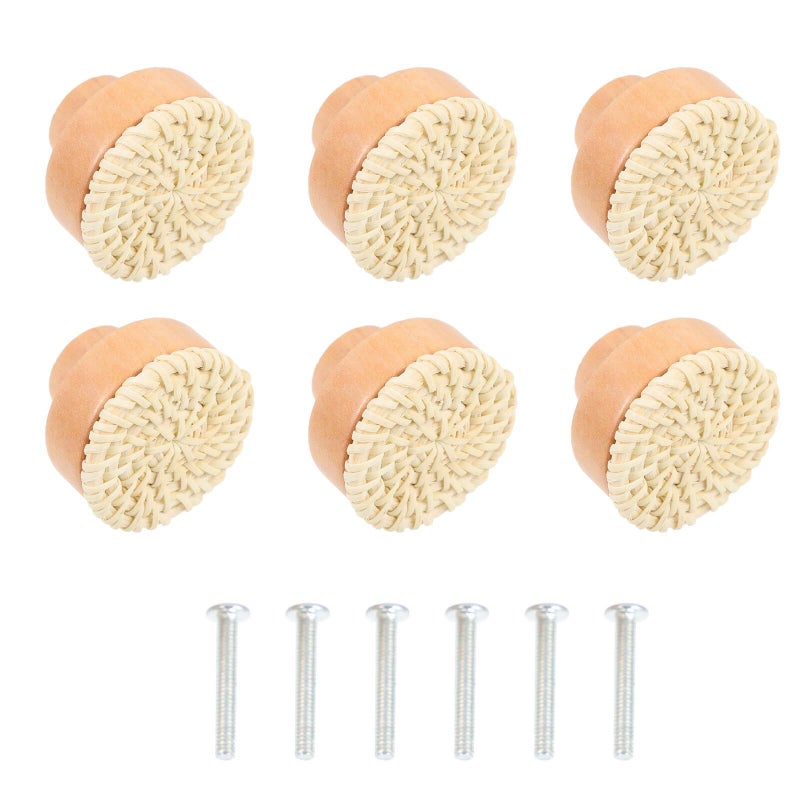 6pcs White Bohemian Style Rattan Woven Wooden Drawer Knobs Cabinet Pulls Handles - Image 2