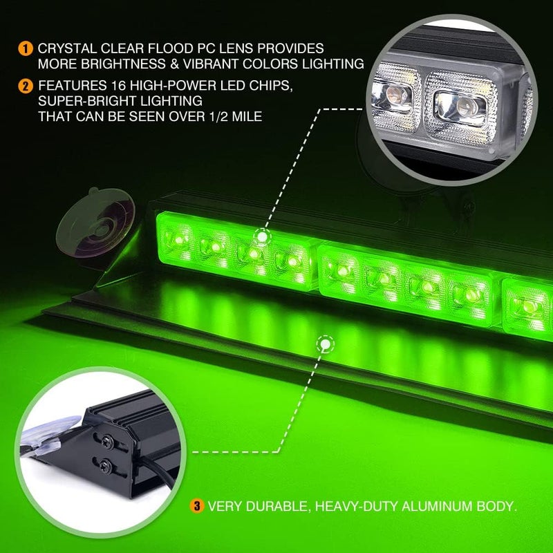 Xprite 16 LED Aluminum Windshield Strobe Light Bar - Green - Image 3