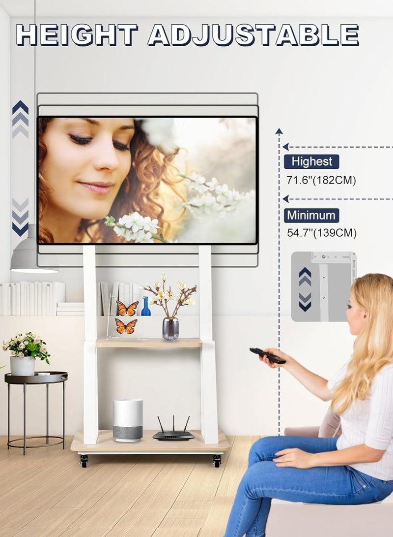 فلاشهوك حامل تلفزيون متنقل مع عجلات، حامل تلفزيون أرضي من الفولاذ لتلفزيون مقاس 32-70 بوصة، أقصى حد VESA: 600*400 مم، يتحمل حمولة 50 كجم - أبيض - Image 4