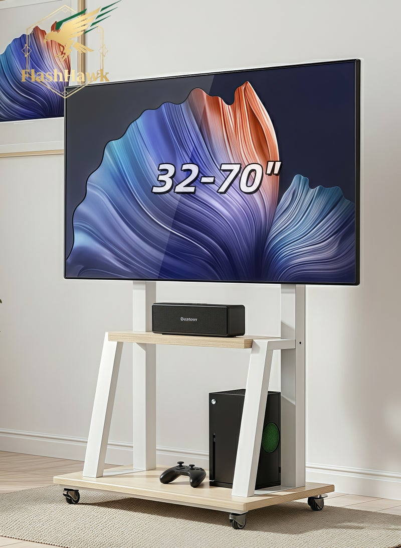 فلاشهوك حامل تلفزيون متنقل مع عجلات، حامل تلفزيون أرضي من الفولاذ لتلفزيون مقاس 32-70 بوصة، أقصى حد VESA: 600*400 مم، يتحمل حمولة 50 كجم - أبيض - Image 1