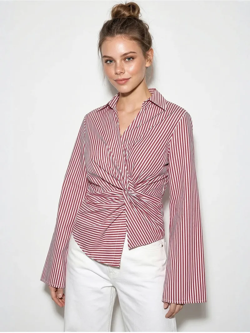 Bianco Lucci LUCCI Fitted Striped Poplin Shirt With Tie Detail