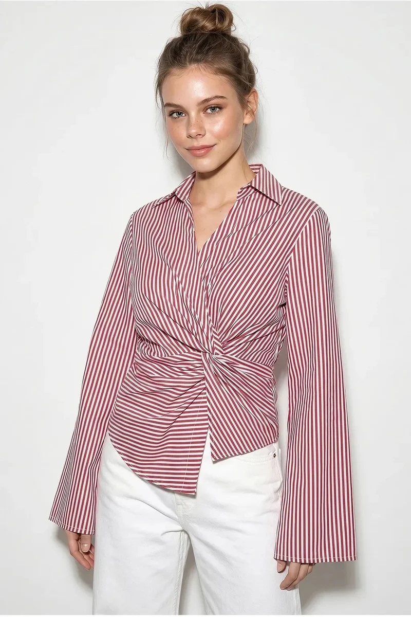 بيانكو لوتشي LUCCI Fitted Striped Poplin Shirt With Tie Detail