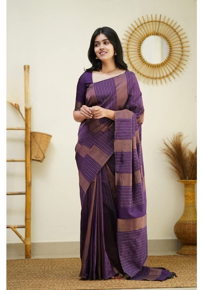 Sidhidata Women's Kanjivaram Banarasi Jacquard Silk Saree with Unstitched Blouse Piece - Jamli Color - Image 5