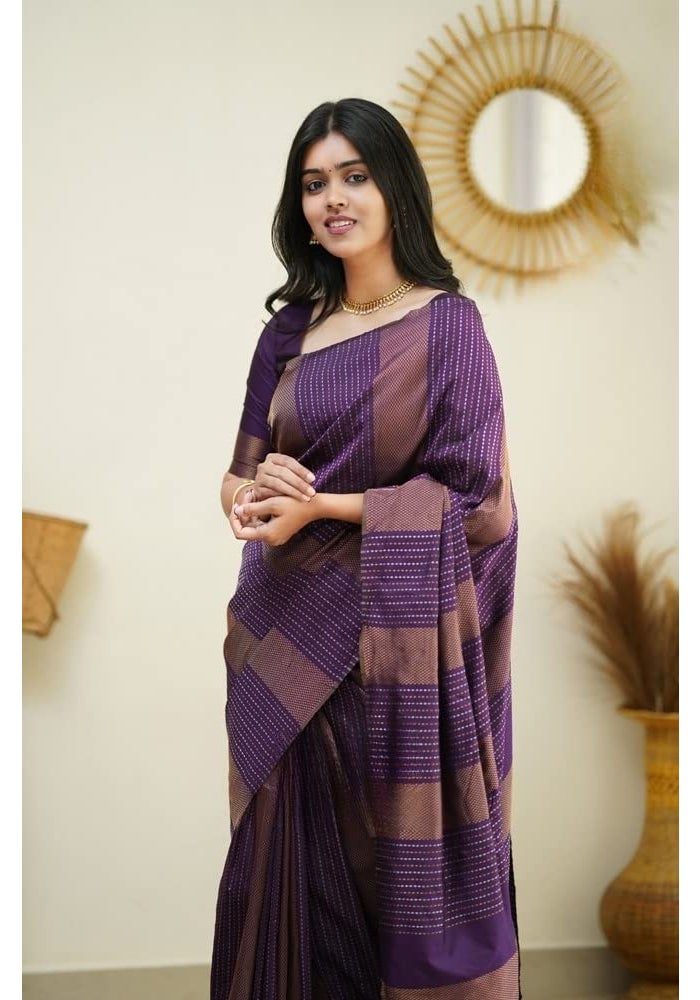 Sidhidata Women's Kanjivaram Banarasi Jacquard Silk Saree with Unstitched Blouse Piece - Jamli Color - Image 4