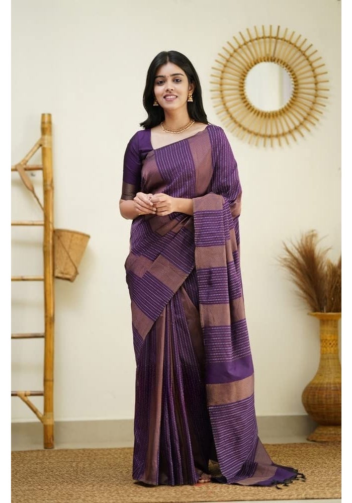 Sidhidata Women's Kanjivaram Banarasi Jacquard Silk Saree with Unstitched Blouse Piece - Jamli Color - Image 2