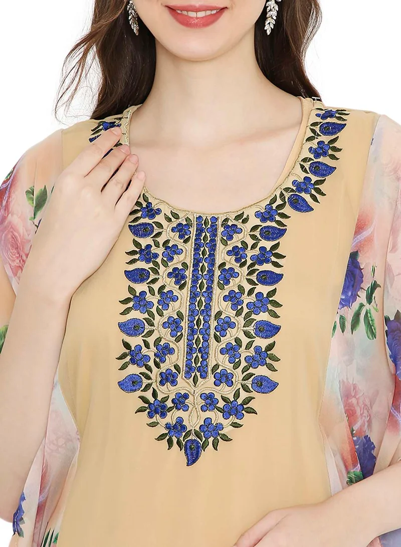 HANA & SARA MULTICOLOUR PRINTED WITH EMBROIDERED SHORT SLEEVES ARABIC KAFTAN JALABIYA DRESSES