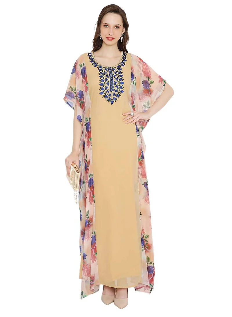 HANA & SARA MULTICOLOUR PRINTED WITH EMBROIDERED SHORT SLEEVES ARABIC KAFTAN JALABIYA DRESSES