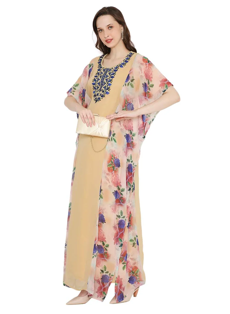 HANA & SARA MULTICOLOUR PRINTED WITH EMBROIDERED SHORT SLEEVES ARABIC KAFTAN JALABIYA DRESSES