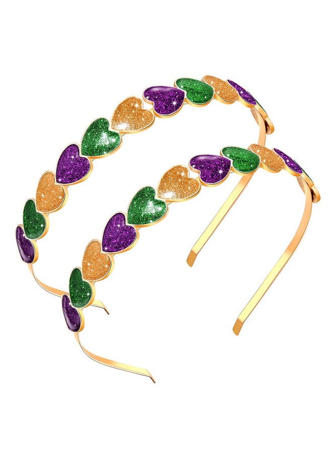 PHALIN 2Pcs Mardi Gras Heart Headbands For Women Glitter Crystal Heart Hairbands Sweet Love Heart Fat Tuesday Hair Accessory Gifts (2Pcs Mardi Gras Headband) - Image 1