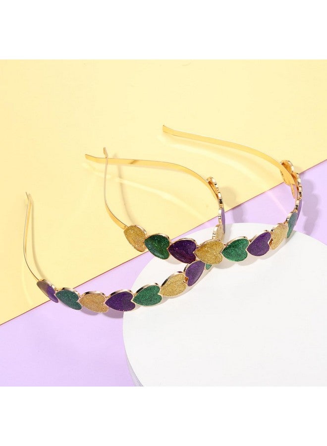 PHALIN 2Pcs Mardi Gras Heart Headbands For Women Glitter Crystal Heart Hairbands Sweet Love Heart Fat Tuesday Hair Accessory Gifts (2Pcs Mardi Gras Headband) - Image 2