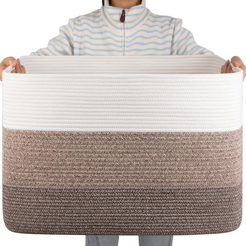 OIAHOMY 108L Large Cotton Rope Basket, Rectangle Woven Baskets for Storage, Nursery Blanket Storage Living Room, Toy Basket with Handle-25”x16”x16”-Gradient Dark Brown - Image 1
