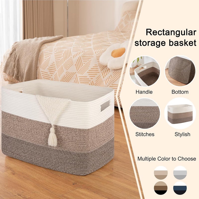 OIAHOMY 108L Large Cotton Rope Basket, Rectangle Woven Baskets for Storage, Nursery Blanket Storage Living Room, Toy Basket with Handle-25”x16”x16”-Gradient Dark Brown - Image 5