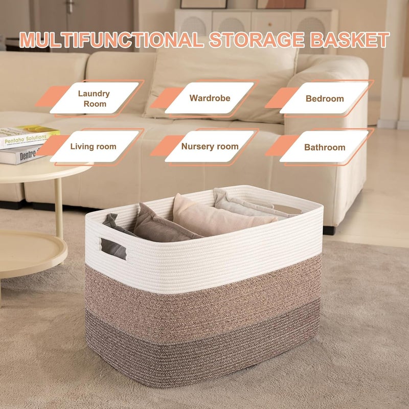 OIAHOMY 108L Large Cotton Rope Basket, Rectangle Woven Baskets for Storage, Nursery Blanket Storage Living Room, Toy Basket with Handle-25”x16”x16”-Gradient Dark Brown - Image 4