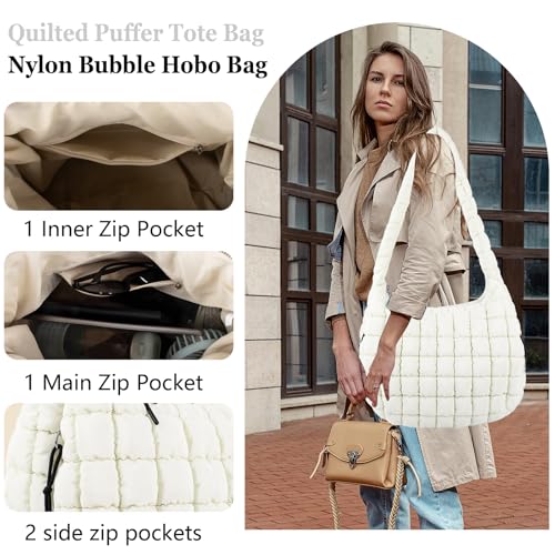 Iqimott Quilted Puffer Tote Bag Crossbody Shoulder Bag with Zipper, Nylon Puffy Hobo Bags Travel Top Handle Handbag for Women Girls, Oversized Padding Quilted Bags Soft Large Carryall Bag (Beige, Large) - Image 4