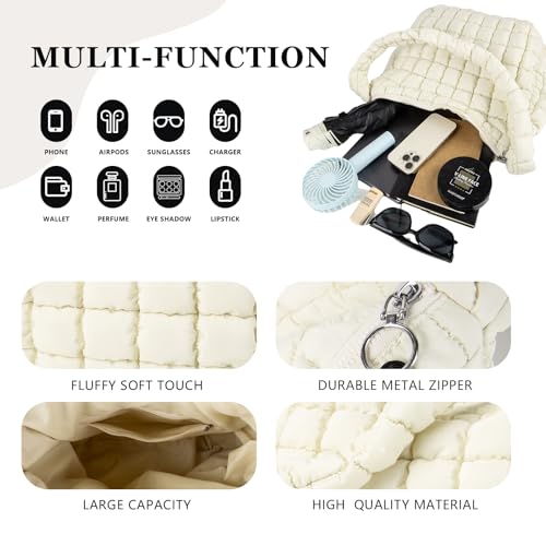 Iqimott Quilted Puffer Tote Bag Crossbody Shoulder Bag with Zipper, Nylon Puffy Hobo Bags Travel Top Handle Handbag for Women Girls, Oversized Padding Quilted Bags Soft Large Carryall Bag (Beige, Large) - Image 3