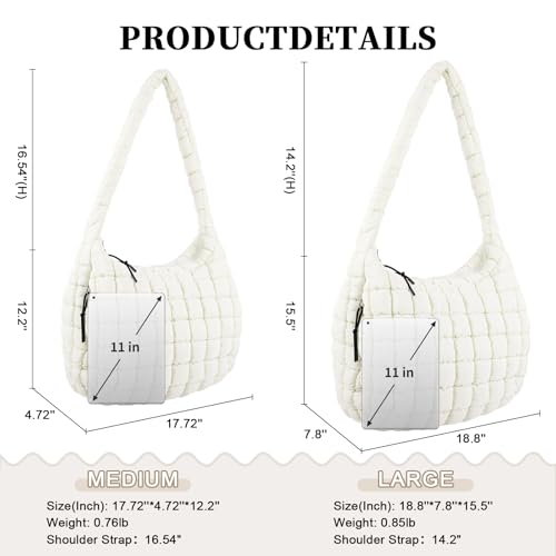 Iqimott Quilted Puffer Tote Bag Crossbody Shoulder Bag with Zipper, Nylon Puffy Hobo Bags Travel Top Handle Handbag for Women Girls, Oversized Padding Quilted Bags Soft Large Carryall Bag (Beige, Large) - Image 2