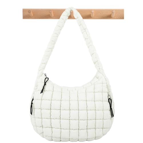 Iqimott Quilted Puffer Tote Bag Crossbody Shoulder Bag with Zipper, Nylon Puffy Hobo Bags Travel Top Handle Handbag for Women Girls, Oversized Padding Quilted Bags Soft Large Carryall Bag (Beige, Large) - Image 1