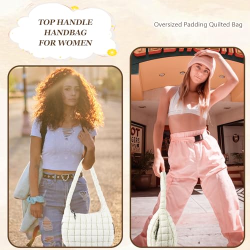 Iqimott Quilted Puffer Tote Bag Crossbody Shoulder Bag with Zipper, Nylon Puffy Hobo Bags Travel Top Handle Handbag for Women Girls, Oversized Padding Quilted Bags Soft Large Carryall Bag (Beige, Large) - Image 5