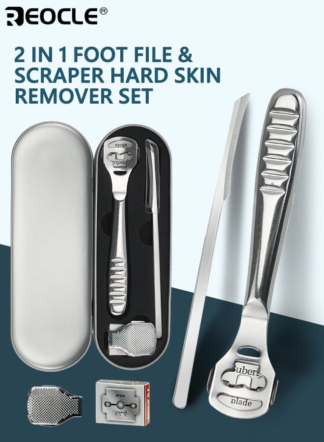 ريوكل 2 في 1 ملف القدم ومكشطة مجموعة مزيل الجلد الصلب - ماكينة حلاقة كالس احترافية من الفولاذ المقاوم للصدأ مع 2 بدائل مثالية للبشرة الجافة الصلبة الكعب المتشقق وأدوات العناية بالقدم المنزلية اليومية للرجال والنساء - Image 1