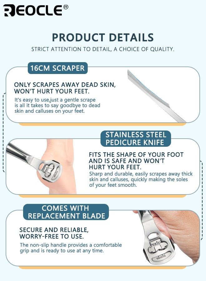ريوكل 2 في 1 ملف القدم ومكشطة مجموعة مزيل الجلد الصلب - ماكينة حلاقة كالس احترافية من الفولاذ المقاوم للصدأ مع 2 بدائل مثالية للبشرة الجافة الصلبة الكعب المتشقق وأدوات العناية بالقدم المنزلية اليومية للرجال والنساء - Image 4