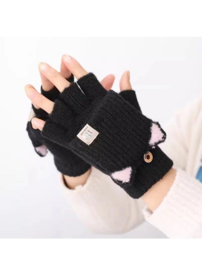 Flap Knitted Gloves Students Autumn And Winter Warm Fingerless Gloves Children's Gloves Black - Image 1