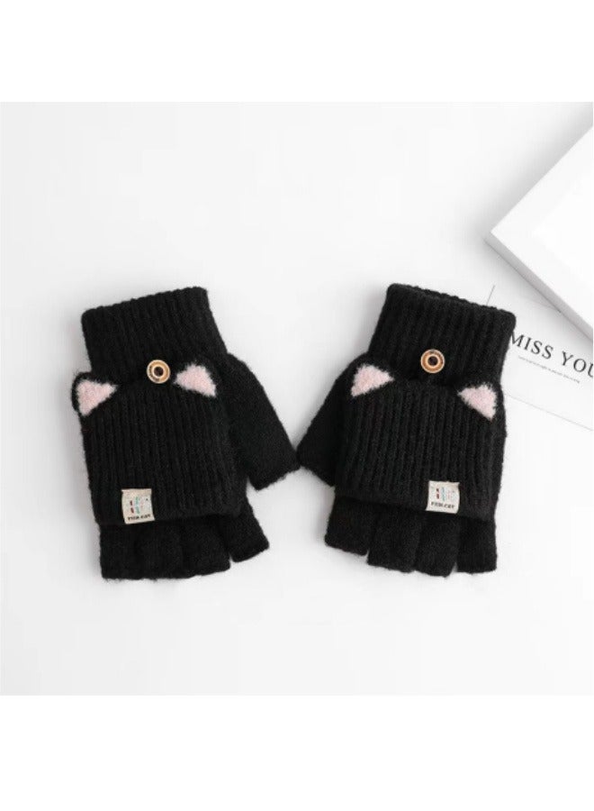 Flap Knitted Gloves Students Autumn And Winter Warm Fingerless Gloves Children's Gloves Black - Image 5