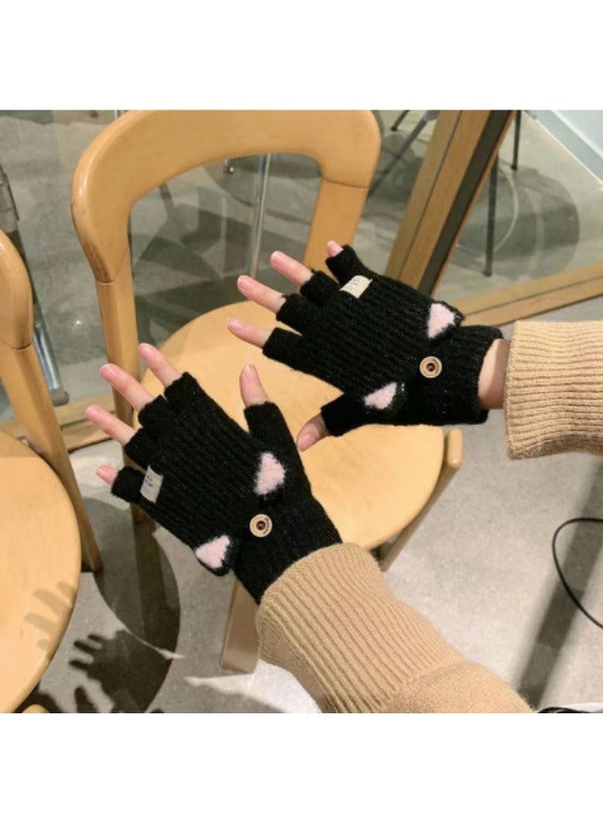 Flap Knitted Gloves Students Autumn And Winter Warm Fingerless Gloves Children's Gloves Black - Image 4