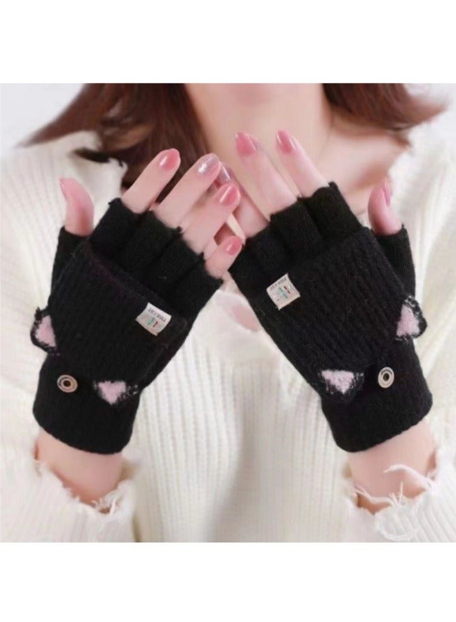 Flap Knitted Gloves Students Autumn And Winter Warm Fingerless Gloves Children's Gloves Black - Image 3