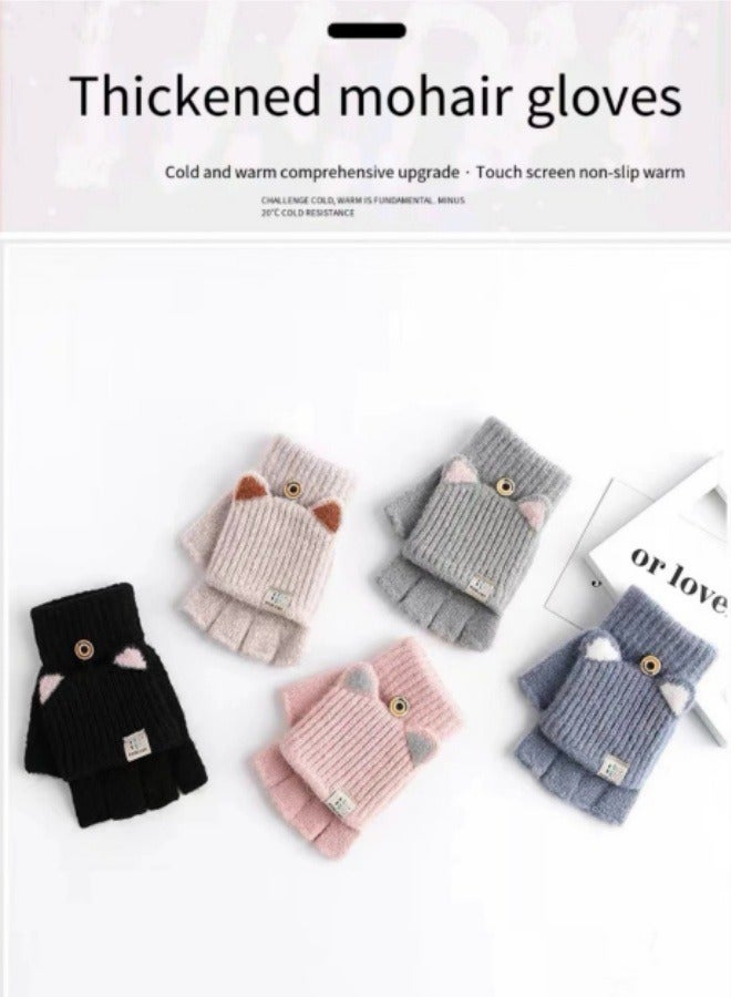 Flap Knitted Gloves Students Autumn And Winter Warm Fingerless Gloves Children's Gloves Black - Image 2
