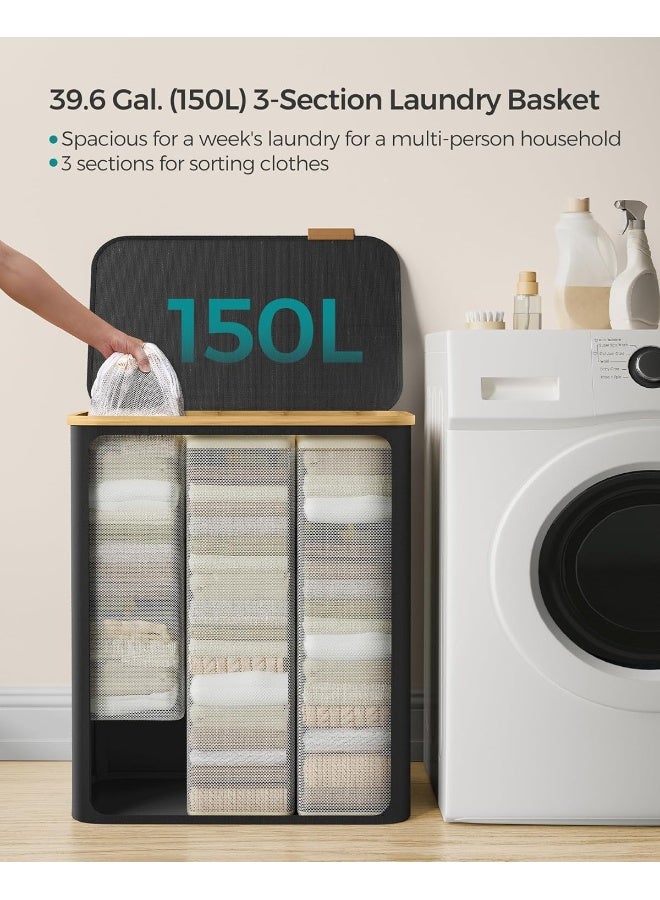 SONGMICS Laundry Hamper with Lid, 3-Section Large Laundry Basket, 52.8-gallon (150L), Removable Mesh Liner, Bamboo Handles, Collapsible, 60 x 38.5 x 70.5 cm, Ink Black - Image 3