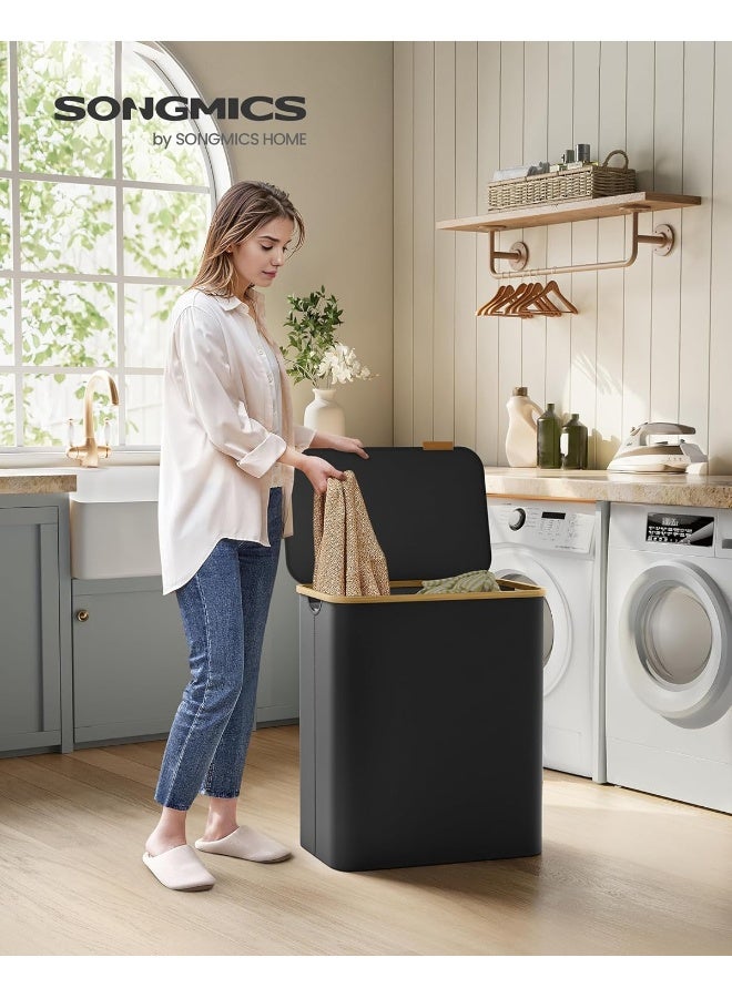 SONGMICS Laundry Hamper with Lid, 3-Section Large Laundry Basket, 52.8-gallon (150L), Removable Mesh Liner, Bamboo Handles, Collapsible, 60 x 38.5 x 70.5 cm, Ink Black - Image 2