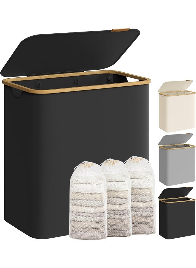 SONGMICS Laundry Hamper with Lid, 3-Section Large Laundry Basket, 52.8-gallon (150L), Removable Mesh Liner, Bamboo Handles, Collapsible, 60 x 38.5 x 70.5 cm, Ink Black - Image 1