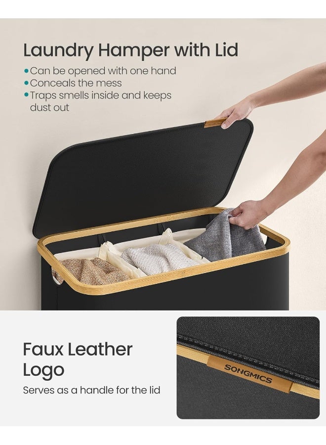 SONGMICS Laundry Hamper with Lid, 3-Section Large Laundry Basket, 52.8-gallon (150L), Removable Mesh Liner, Bamboo Handles, Collapsible, 60 x 38.5 x 70.5 cm, Ink Black - Image 4