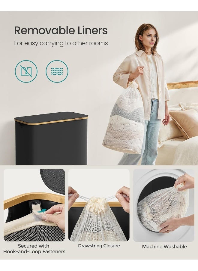 SONGMICS Laundry Hamper with Lid, 3-Section Large Laundry Basket, 52.8-gallon (150L), Removable Mesh Liner, Bamboo Handles, Collapsible, 60 x 38.5 x 70.5 cm, Ink Black - Image 5