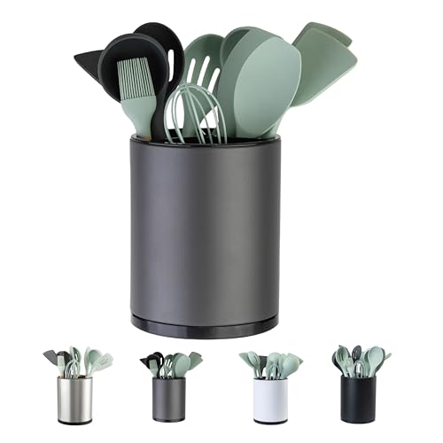 LIBODOUR Kitchen Utensil Holder Extra Large 360°Rotating For Counter Organizer Stainless Steel Storage Cooking Silverware Caddy 3 Compartment Flatware Spoon Spatula Tool Cutlery Container(Grey) - Image 1