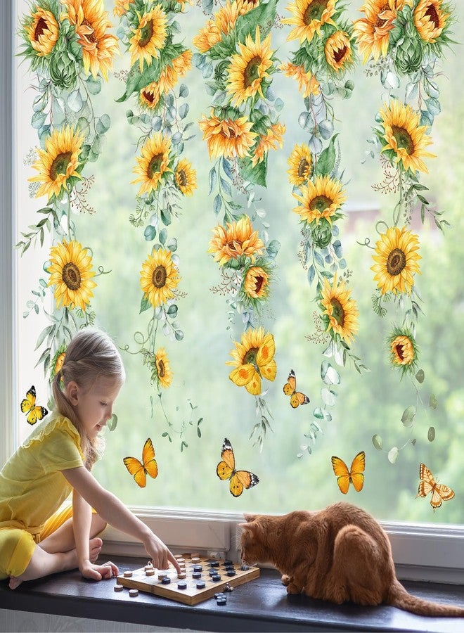 وولاين مجموعة ملصقات نوافذ زهرية ربيعية صيفية من والين، 9 أوراق، ملصقات نوافذ على شكل زهور معلقة، دوار الشمس، أوكالبتوس، قابلة لإعادة الاستخدام، زينة للحفلات، المنزل، المكتب، الفصل الدراسي - Image 5